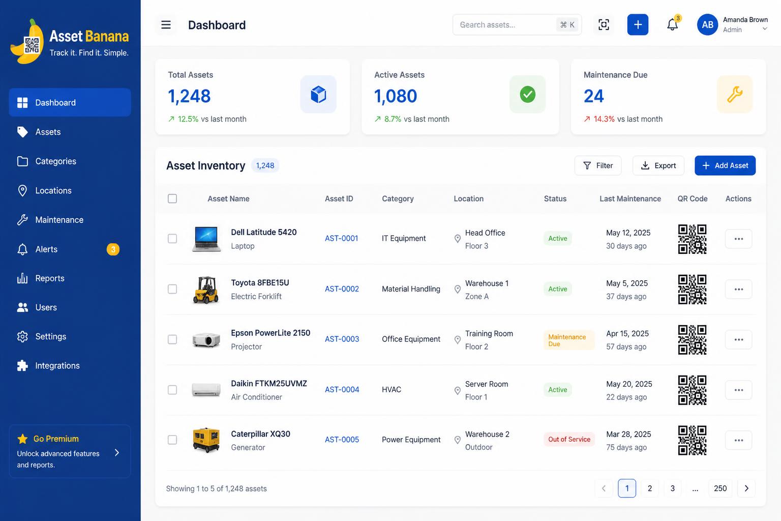 Asset Banana dashboard showing asset register with ISO 9001 compliance status